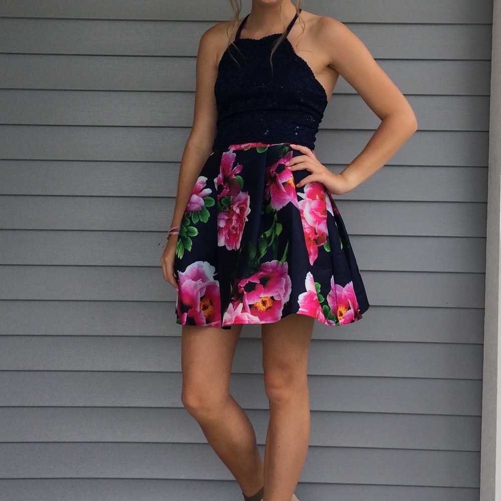 navy blue and pink floral two piece dress